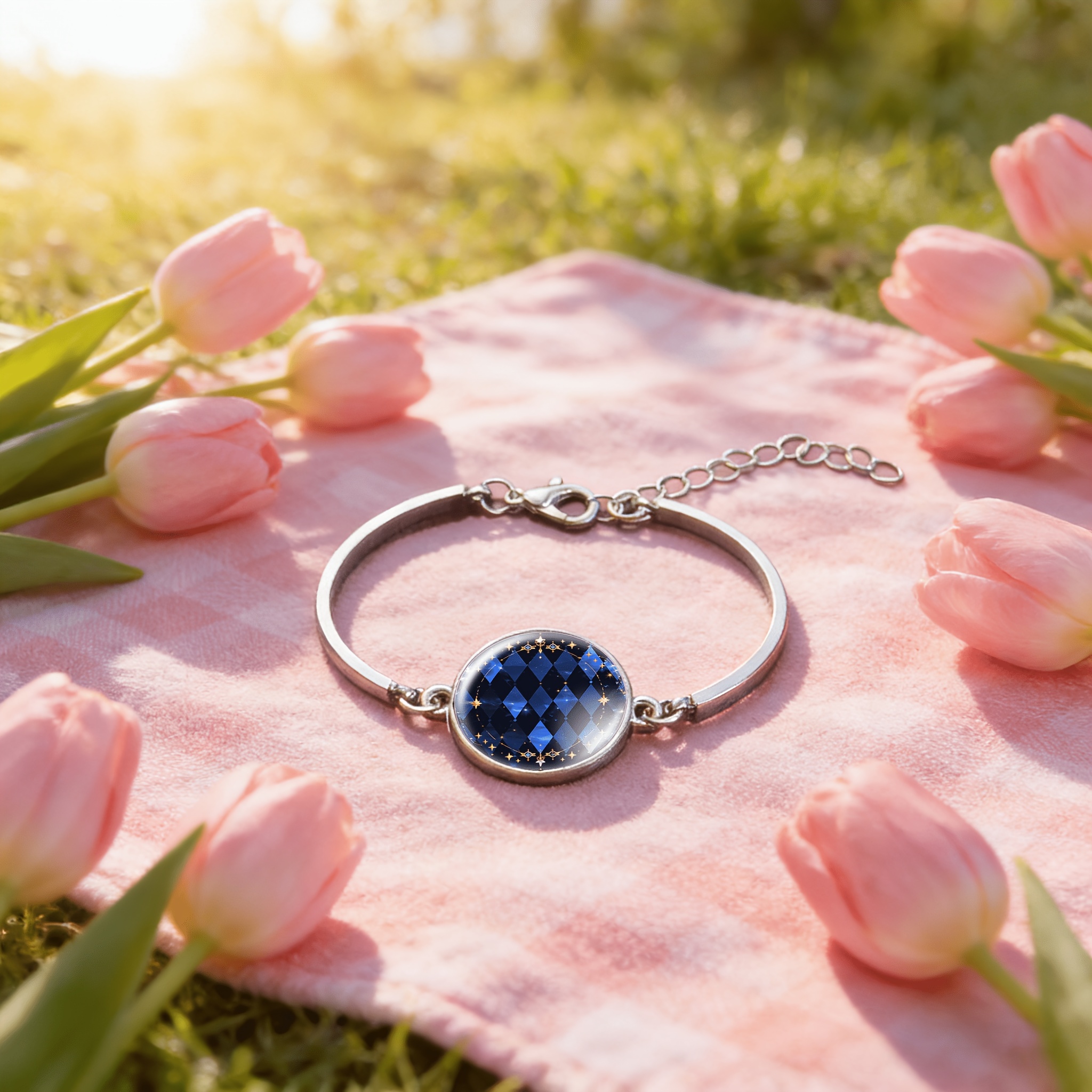 Adjustable Round Time Gemstone Inlaid Classic Bangle, Cosmic Design